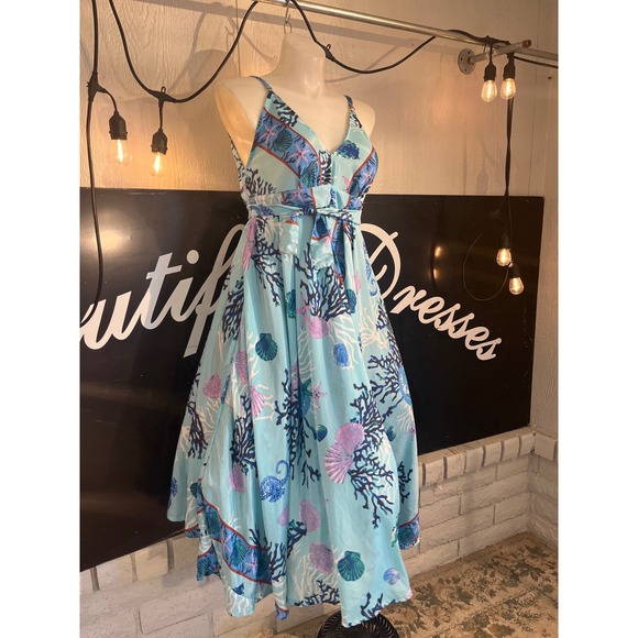 Aquatic Print Maxi Dress V Neck Spaghetti Straps Belted Flowy Beach Vacation - Picture 6 of 13